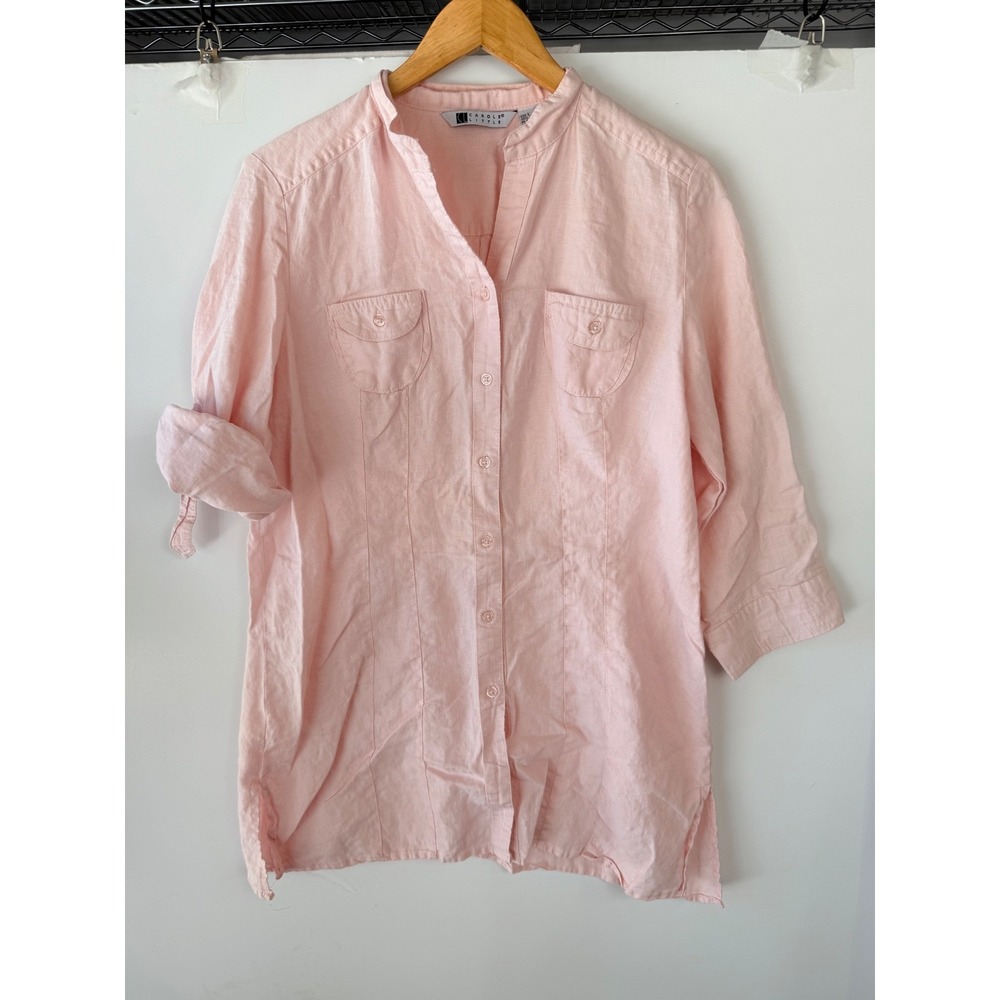 Vintage Carole Little Linen Shirt Tunic Top 3/4 Sleeve Button Up Pockets Pink L